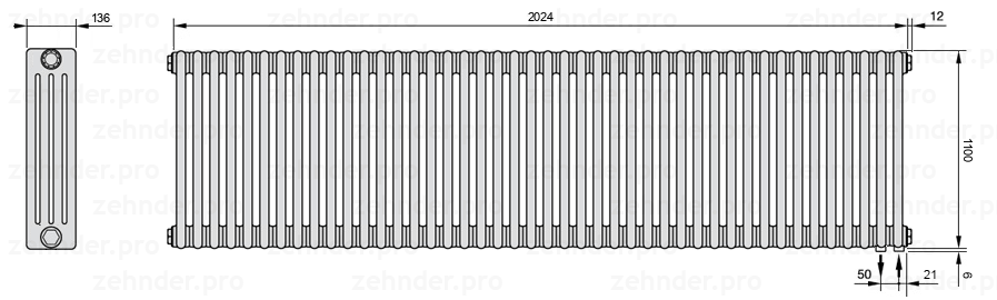 Схема (чертеж) Радиатор Zehnder Charleston 4110/44 №5510 Белый глянцевый RAL 9016